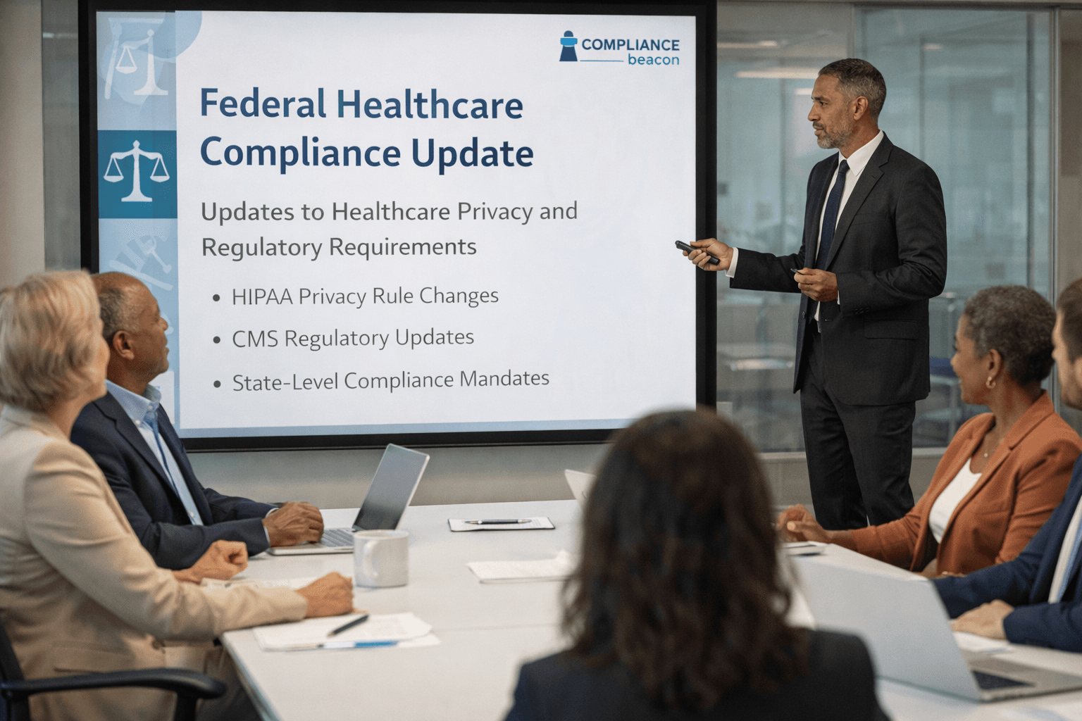 Team reviewing a meeting deck